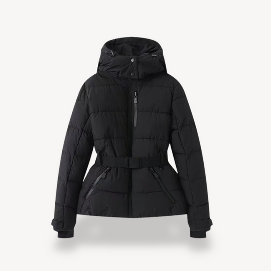 Damen-Pufferjacke mit Gürtel und Kapuze | gesteppt