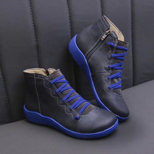 Schnürung Stiefeletten für Damen | Seitenreißverschluss Flache Sohle Bootie