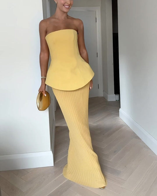 Trägerloses Damen Schößchenkleid | Maxi