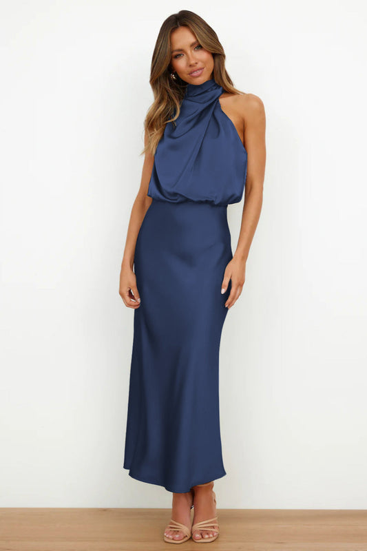 Schickes Damen-Halter-Satin-Kleid | Maxi