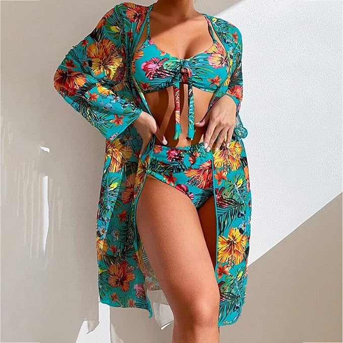 Damen Bikini mit hoher Taille und Blumendruck Badeanzug | Dreiteilig