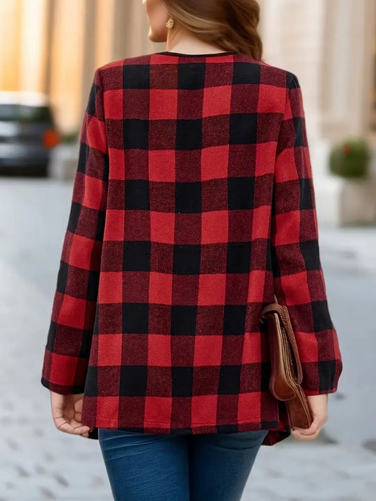 Damen Karierter Strickjacke Offen | Wasserfall Stil Langarmjacke