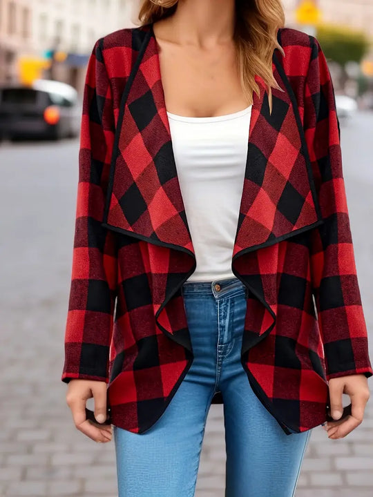 Damen Karierter Strickjacke Offen | Wasserfall Stil Langarmjacke
