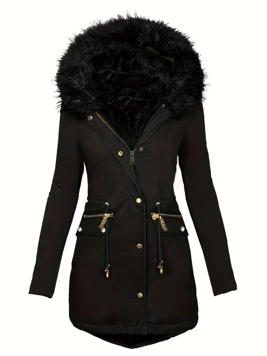 Damen Parka mit Kapuze und Kunstfellbesatz | Langer Wintermantel