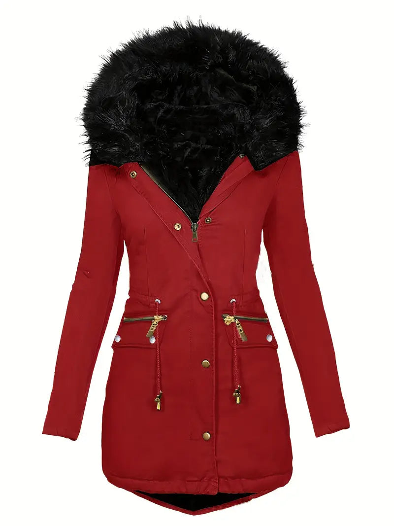Damen Parka mit Kapuze und Kunstfellbesatz | Langer Wintermantel