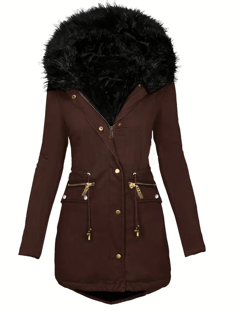 Damen Parka mit Kapuze und Kunstfellbesatz | Langer Wintermantel