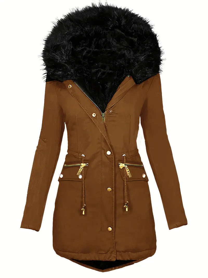 Damen Parka mit Kapuze und Kunstfellbesatz | Langer Wintermantel