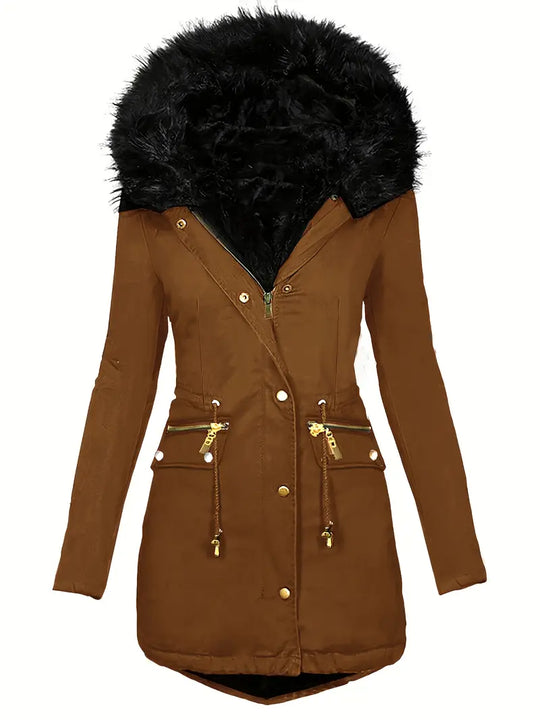 Damen Parka mit Kapuze und Kunstfellbesatz | Langer Wintermantel