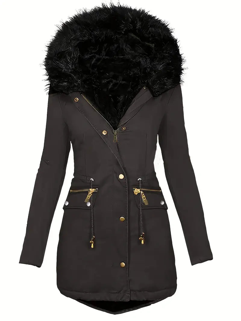 Damen Parka mit Kapuze und Kunstfellbesatz | Langer Wintermantel