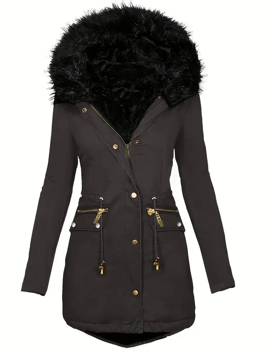 Damen Parka mit Kapuze und Kunstfellbesatz | Langer Wintermantel