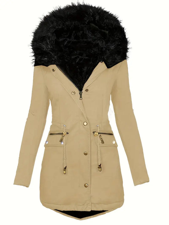 Damen Parka mit Kapuze und Kunstfellbesatz | Langer Wintermantel