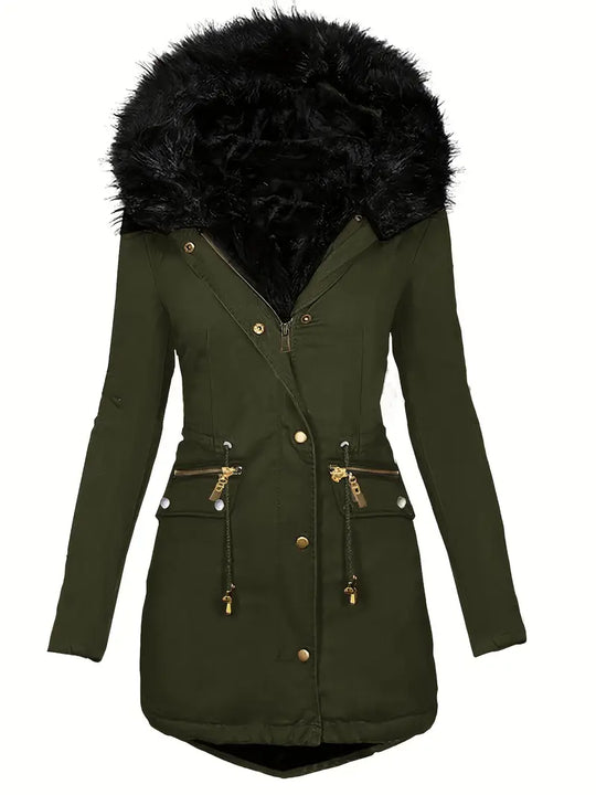Damen Parka mit Kapuze und Kunstfellbesatz | Langer Wintermantel