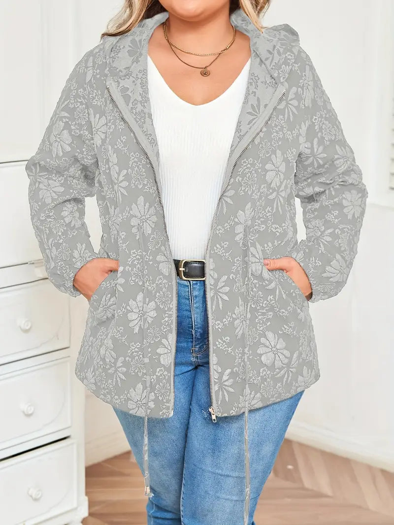 Damen Jacke in Übergröße | Kapuzenjacke mit Blumenmuster und Reißverschluss