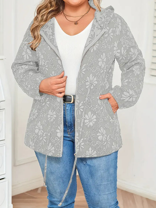 Damen Jacke in Übergröße | Kapuzenjacke mit Blumenmuster und Reißverschluss