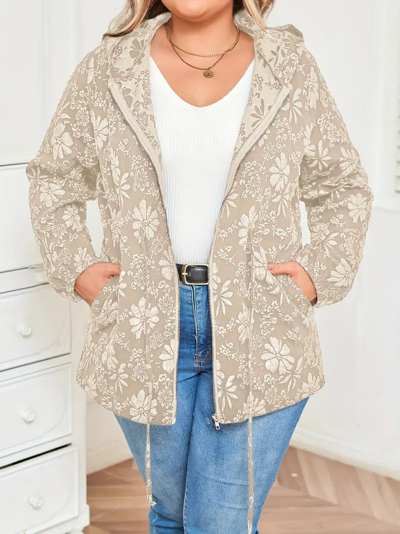 Damen Jacke in Übergröße | Kapuzenjacke mit Blumenmuster und Reißverschluss