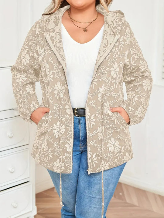 Damen Jacke in Übergröße | Kapuzenjacke mit Blumenmuster und Reißverschluss