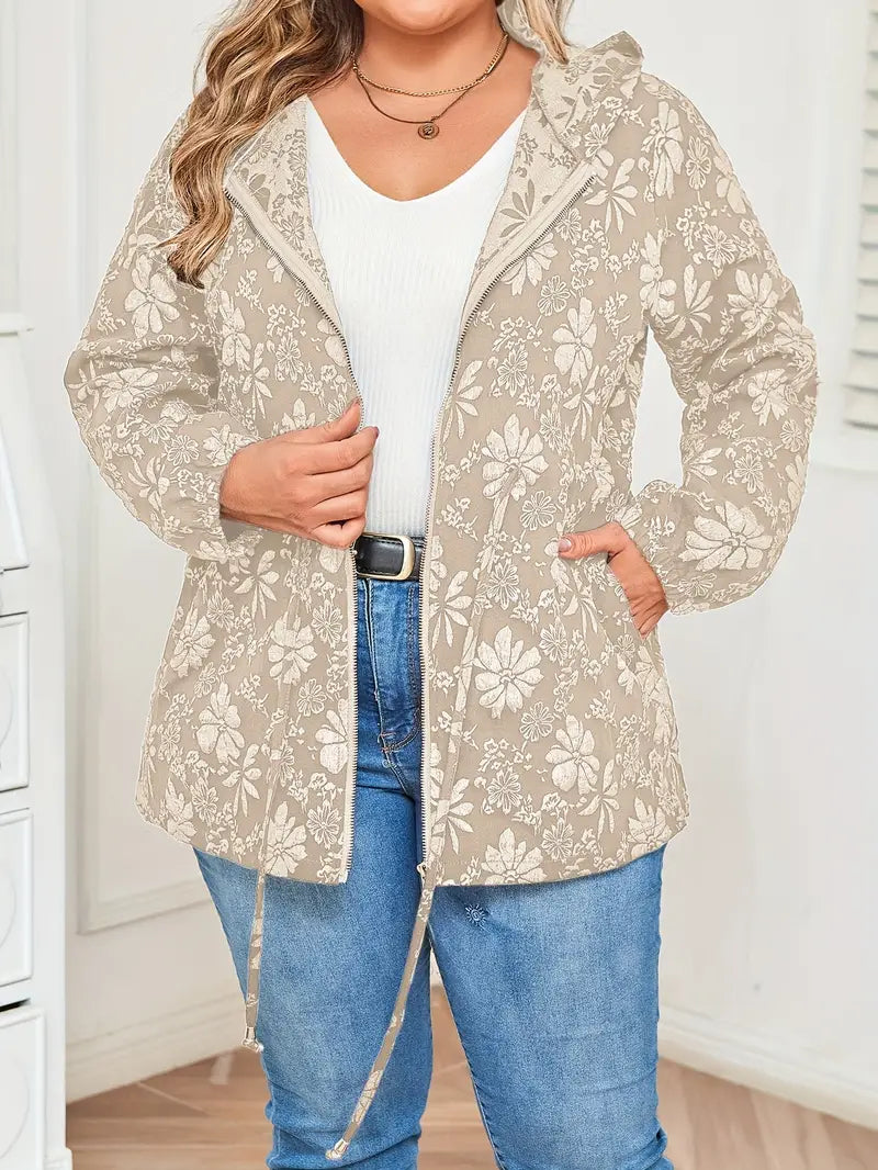 Damen Jacke in Übergröße | Kapuzenjacke mit Blumenmuster und Reißverschluss