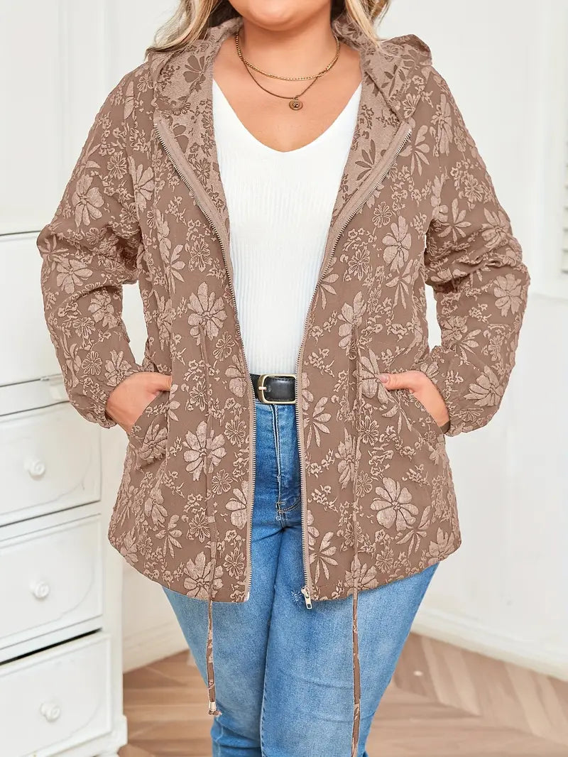 Damen Jacke in Übergröße | Kapuzenjacke mit Blumenmuster und Reißverschluss