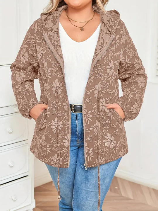 Damen Jacke in Übergröße | Kapuzenjacke mit Blumenmuster und Reißverschluss