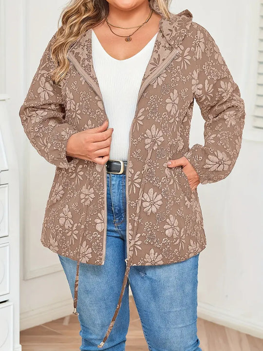 Damen Jacke in Übergröße | Kapuzenjacke mit Blumenmuster und Reißverschluss