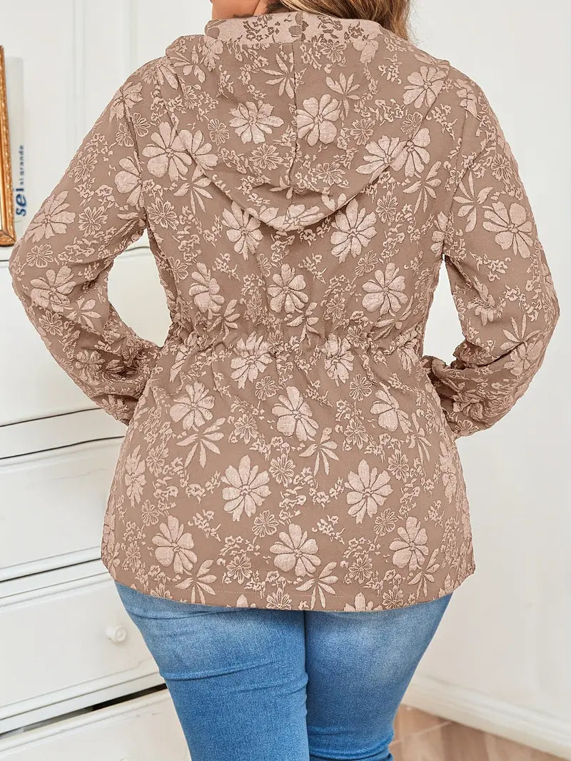 Damen Jacke in Übergröße | Kapuzenjacke mit Blumenmuster und Reißverschluss