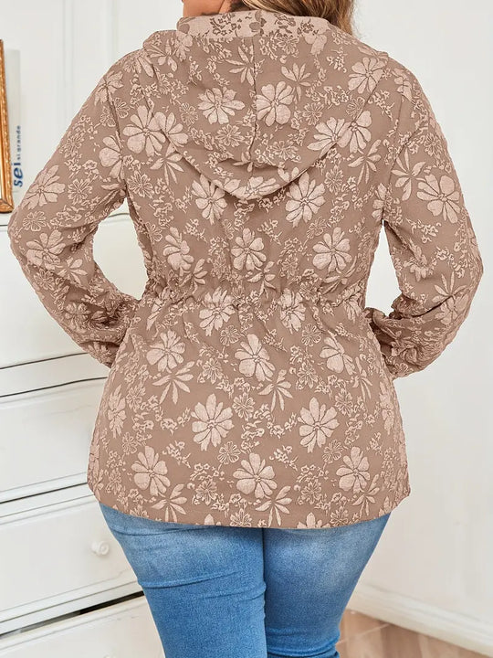Damen Jacke in Übergröße | Kapuzenjacke mit Blumenmuster und Reißverschluss