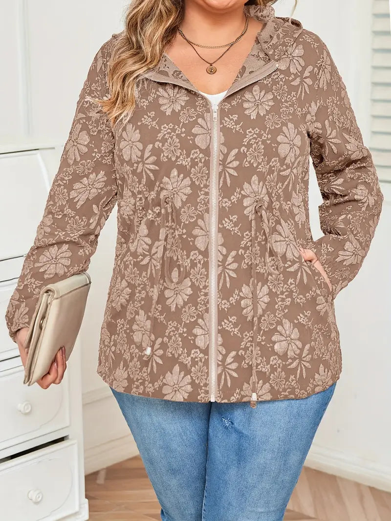 Damen Jacke in Übergröße | Kapuzenjacke mit Blumenmuster und Reißverschluss