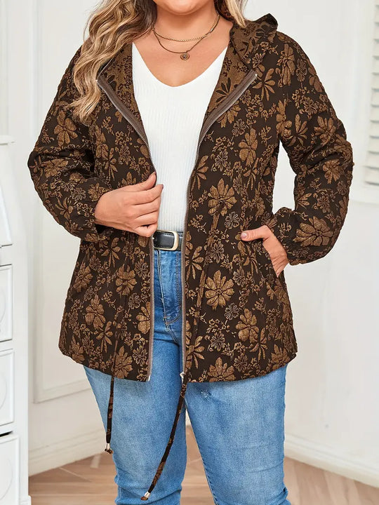 Damen Jacke in Übergröße | Kapuzenjacke mit Blumenmuster und Reißverschluss