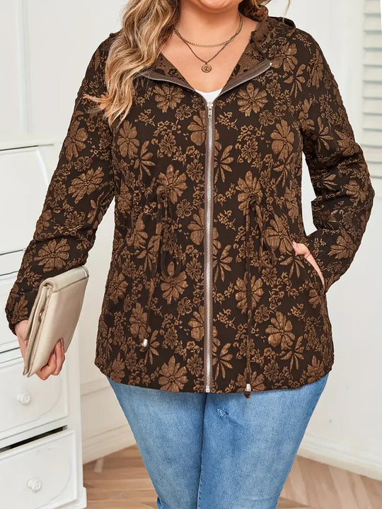Damen Jacke in Übergröße | Kapuzenjacke mit Blumenmuster und Reißverschluss