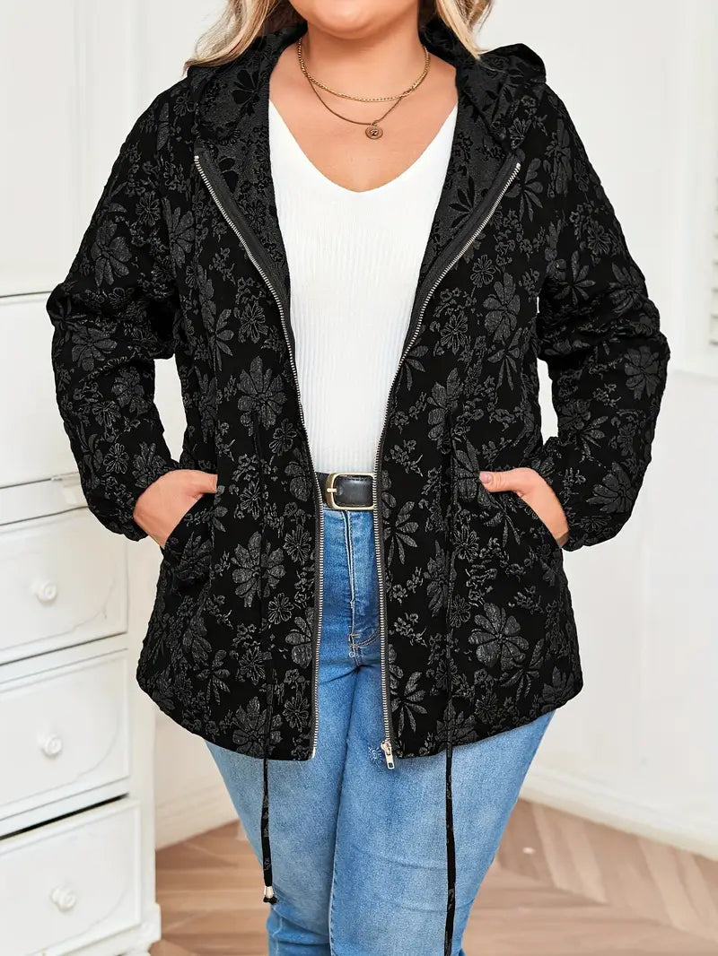 Damen Jacke in Übergröße | Kapuzenjacke mit Blumenmuster und Reißverschluss