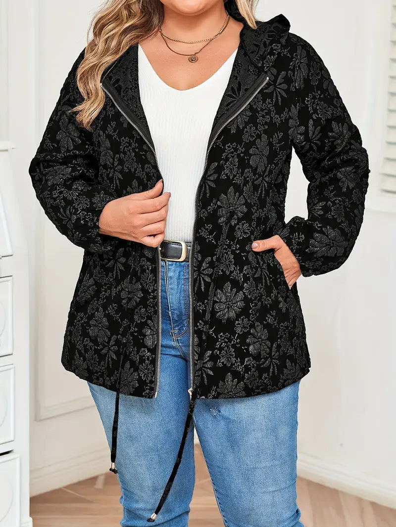 Damen Jacke in Übergröße | Kapuzenjacke mit Blumenmuster und Reißverschluss