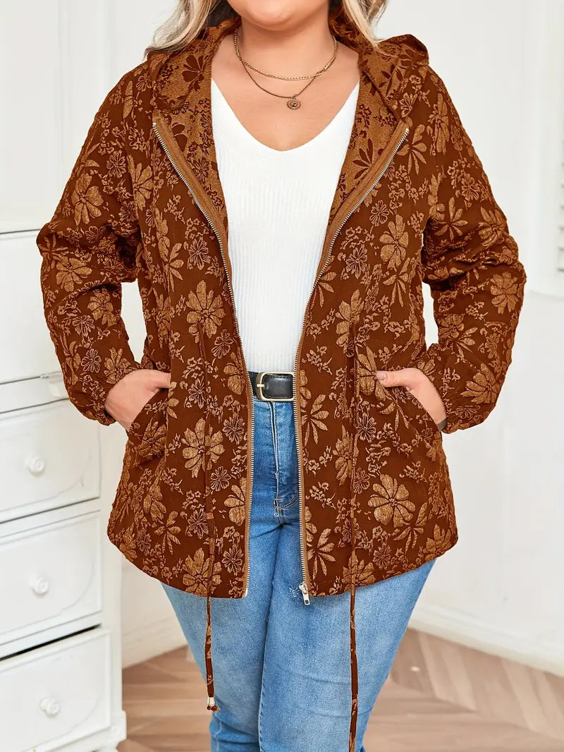 Damen Jacke in Übergröße | Kapuzenjacke mit Blumenmuster und Reißverschluss