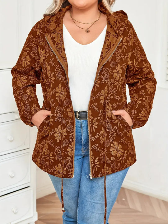 Damen Jacke in Übergröße | Kapuzenjacke mit Blumenmuster und Reißverschluss