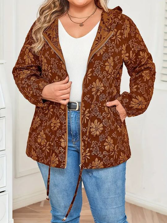 Damen Jacke in Übergröße | Kapuzenjacke mit Blumenmuster und Reißverschluss