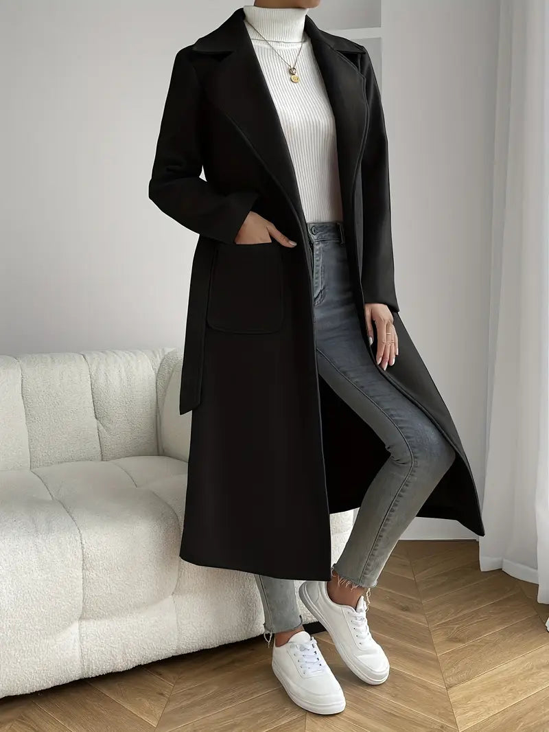 Damen Langer Trenchcoat | Eleganter Offener Mantel mit Taschen