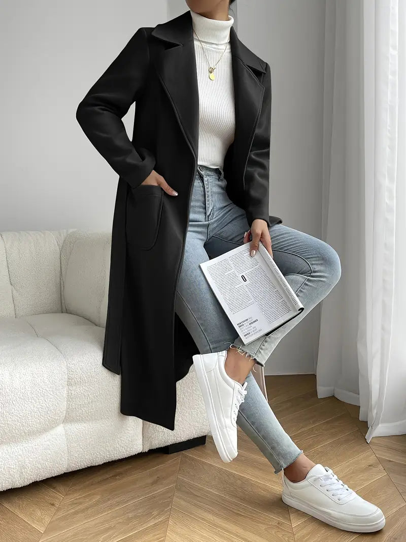 Damen Langer Trenchcoat | Eleganter Offener Mantel mit Taschen