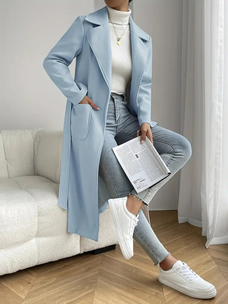 Damen Langer Trenchcoat | Eleganter Offener Mantel mit Taschen