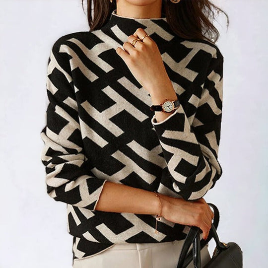 Damen Strickpullover mit geometrischem Muster | Langarm Freizeit Oberteil