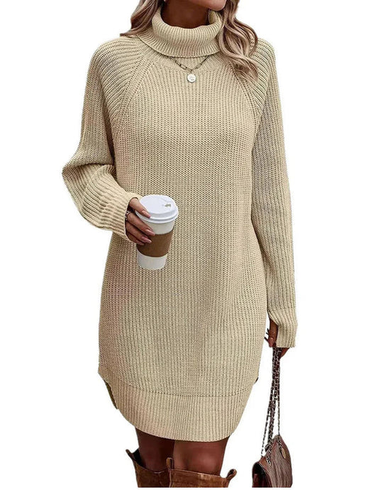 Damen Maxi Strickkleid mit Rollkragen | Langarm Freizeitkleid