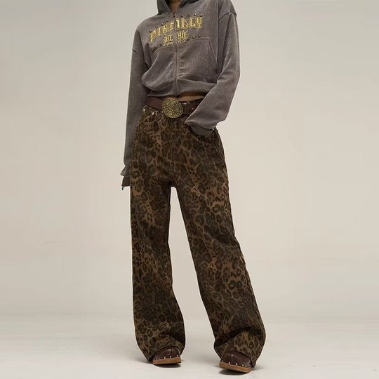 Damen Weit Bein Jeans mit Leopardenmuster | Weinlese Denim mit hoher Taille Hose