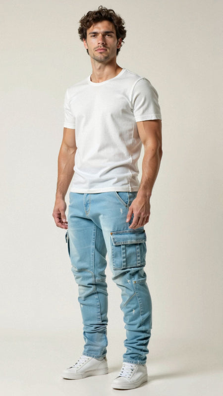 Herren Cargo Jeans | Smal passform Stretch Denim Hose mit Taschen
