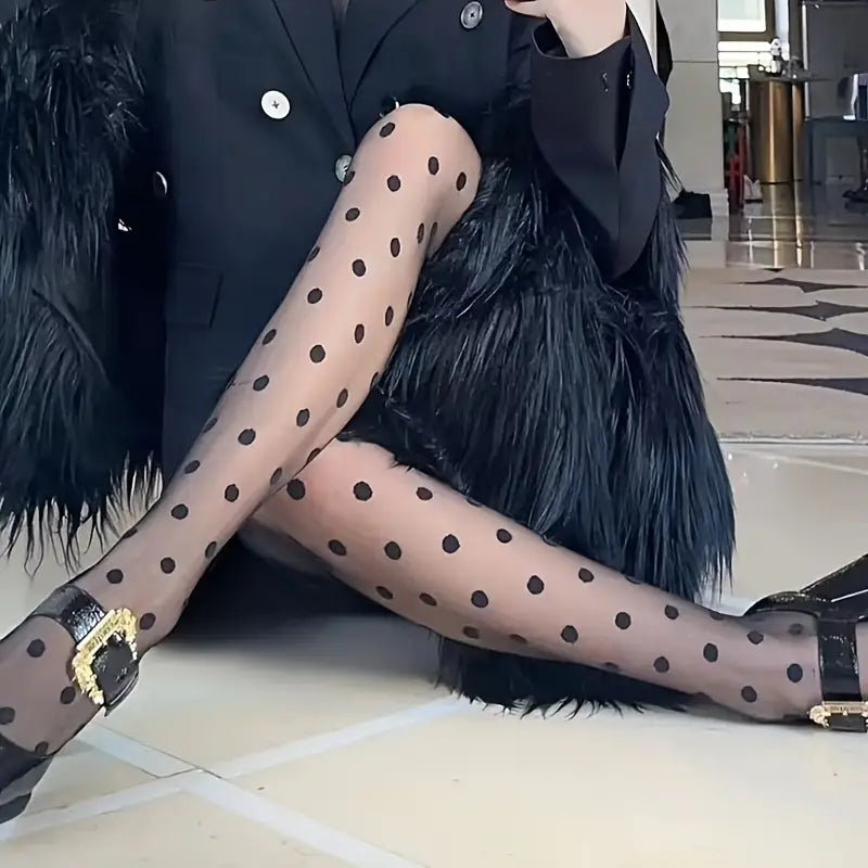 Damen Strumpfhose mit Polka Dots | Transparente Tights mit Hohem Bund