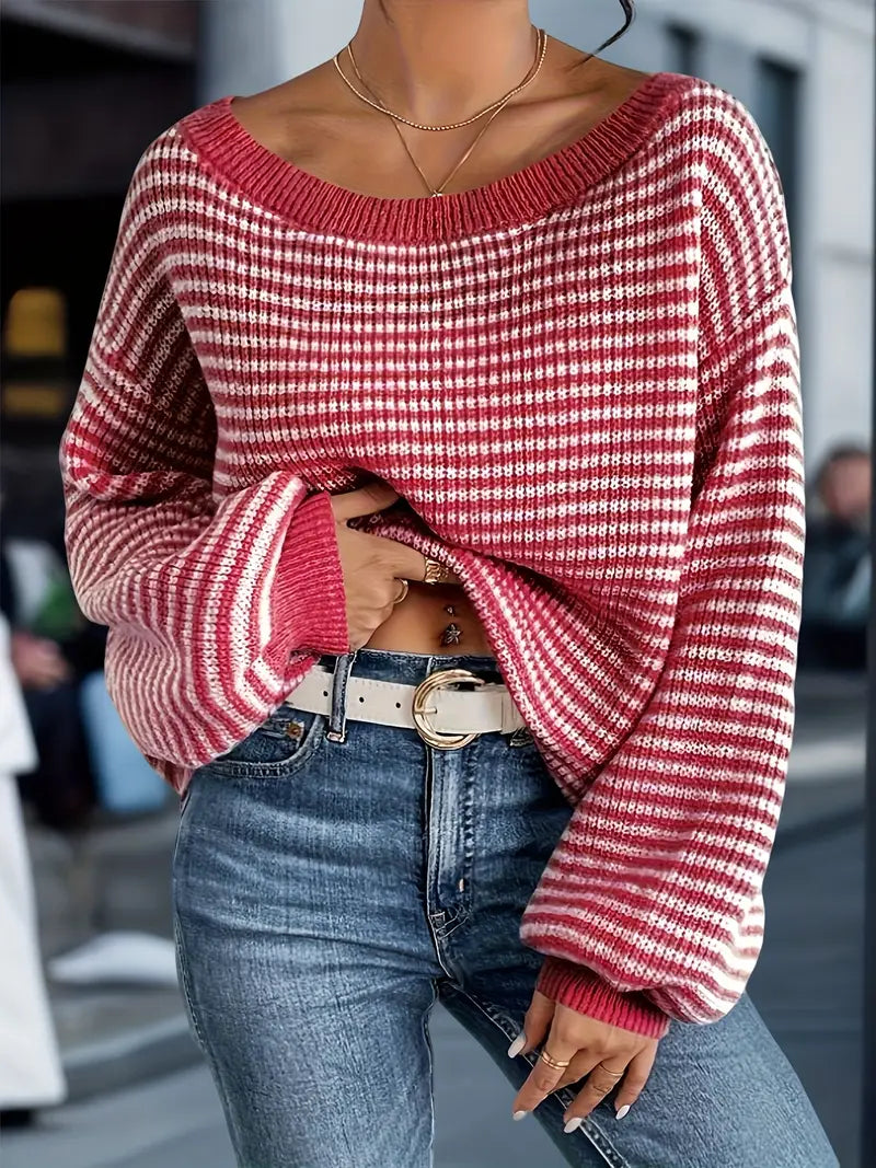 Damen Gestrickter Pullover | Schulterfreier Strickpulli mit Streifen