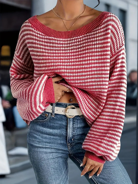 Damen Gestrickter Pullover | Schulterfreier Strickpulli mit Streifen