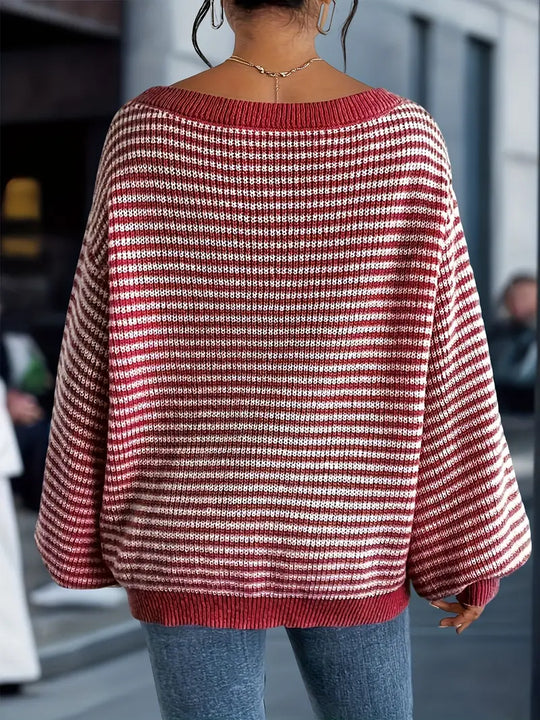 Damen Gestrickter Pullover | Schulterfreier Strickpulli mit Streifen