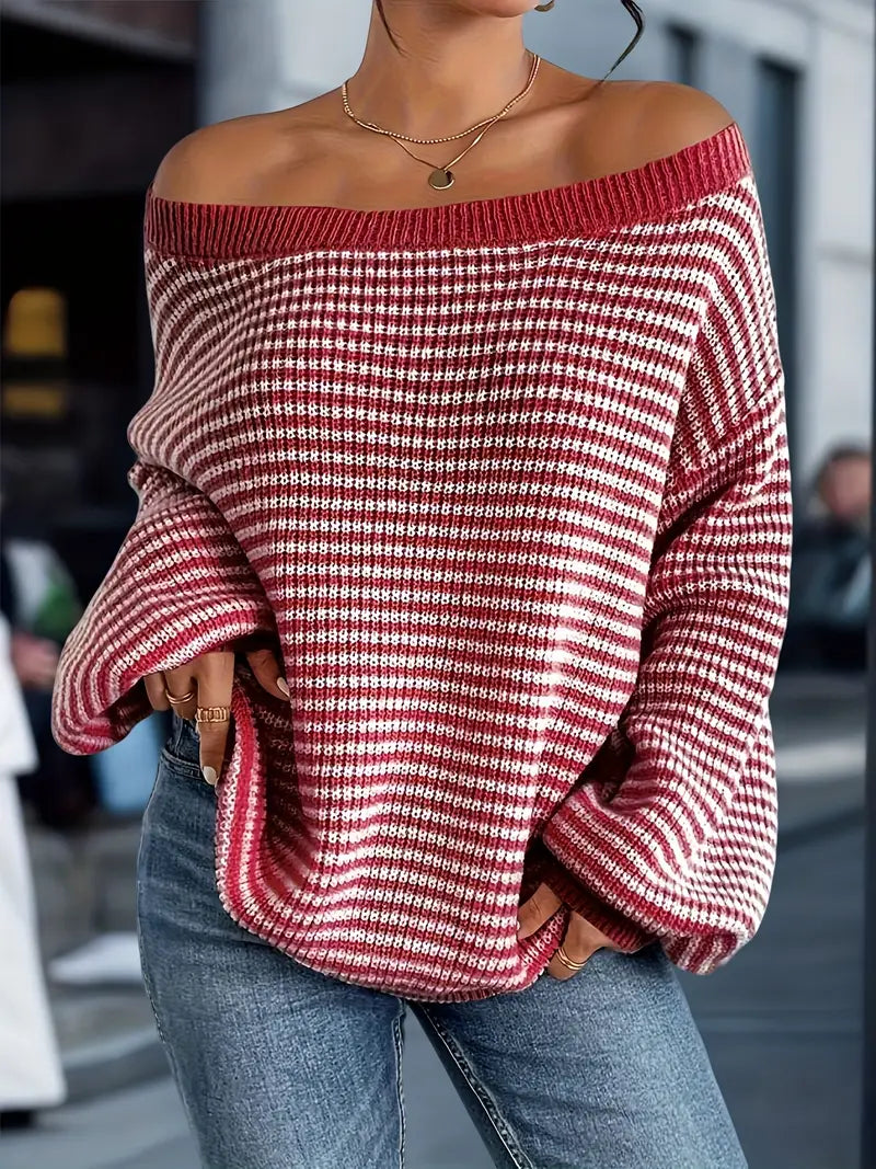 Damen Gestrickter Pullover | Schulterfreier Strickpulli mit Streifen