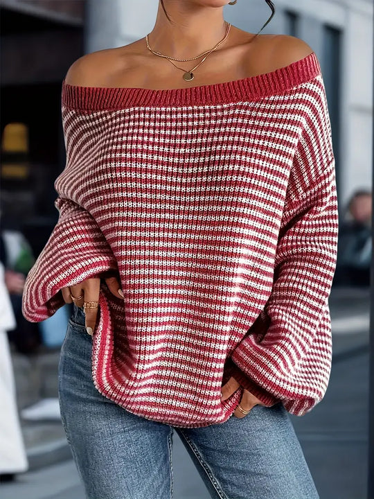 Damen Gestrickter Pullover | Schulterfreier Strickpulli mit Streifen