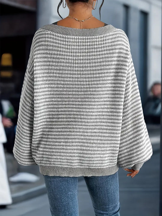 Damen Gestrickter Pullover | Schulterfreier Strickpulli mit Streifen