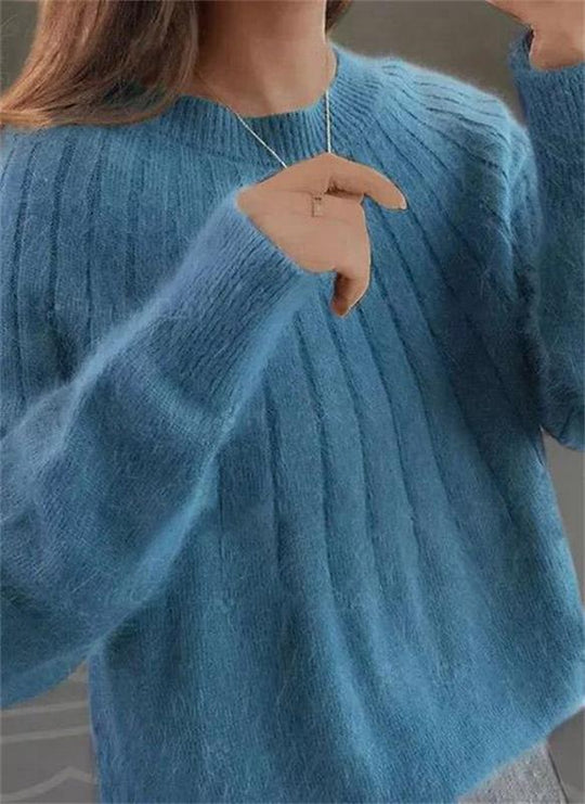 Damen Flauschiger Strickpullover | Gerippter Pullover mit Rundhalsausschnitt