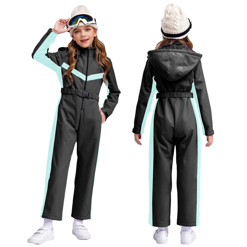 Kinder Skioverall für Mädchen | Einteiler Winteranzug mit Fleecefutter